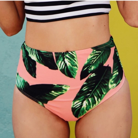 Albion Black and White Striped Bikini Top with Pink and Green Leaf Bottoms - Picture 2 of 9